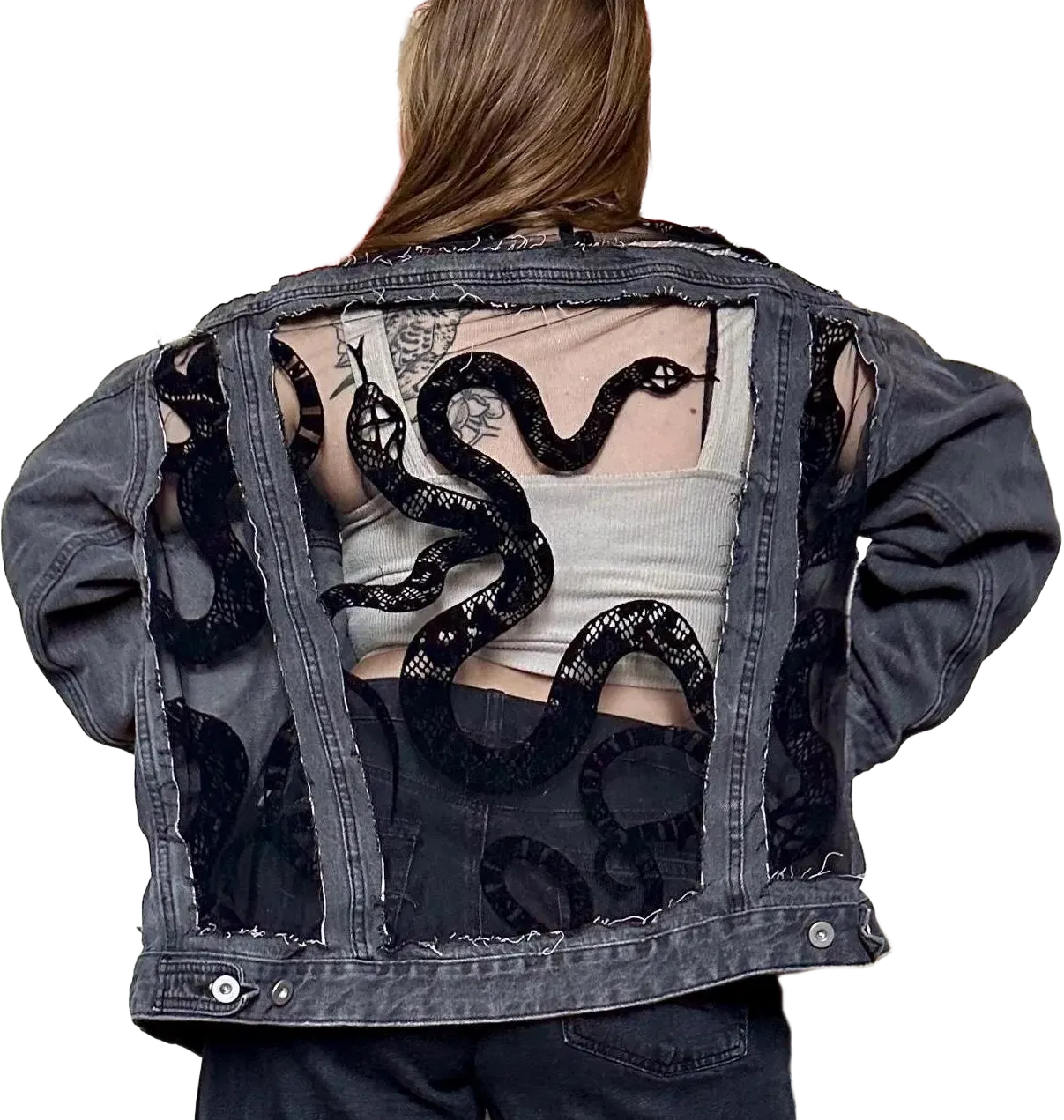 Oversized Custom Denim Black Jean Snake Jacket with Sheer Lace Back with Embroidered Velvet Snakes, Unique Modern Concert Outfit for Women