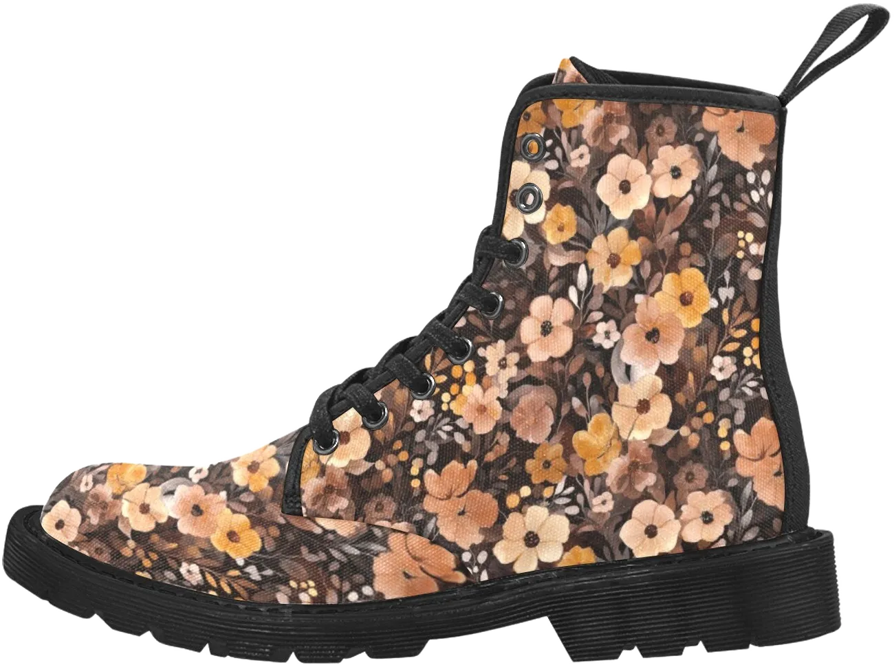 Amber Brown Floral Women Canvas Boots, Fall Autumn Flowers Watercolor Vegan Lace Up Shoes Print Black Ankle Combat Casual Ladies Female