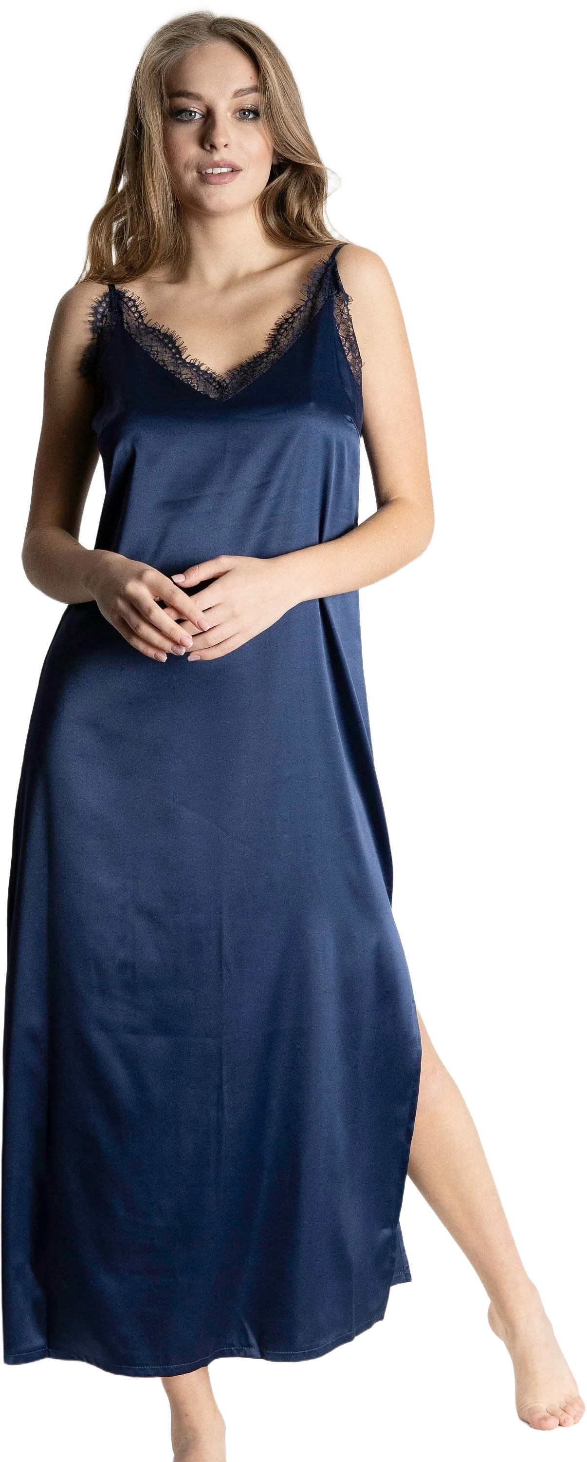 Long Silk Nightgown Women • Satin Chemise Nightie Maxi Slip Dress • Nightshirt Bridesmaid Night Dress •  Navy Blue Sleepwear Nightwear