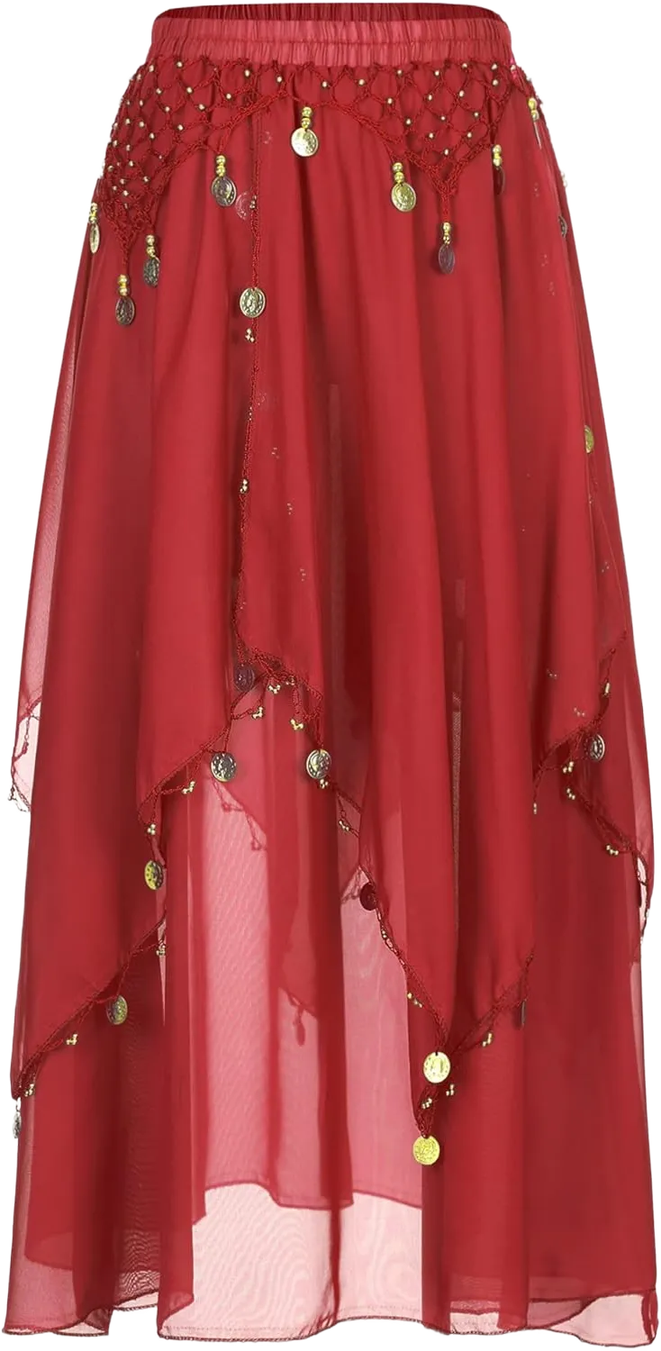 Aislor Womens Belly Dance Skirts Sequins Beaded Chiffon Layered Irregular Hem Dancing Skirt