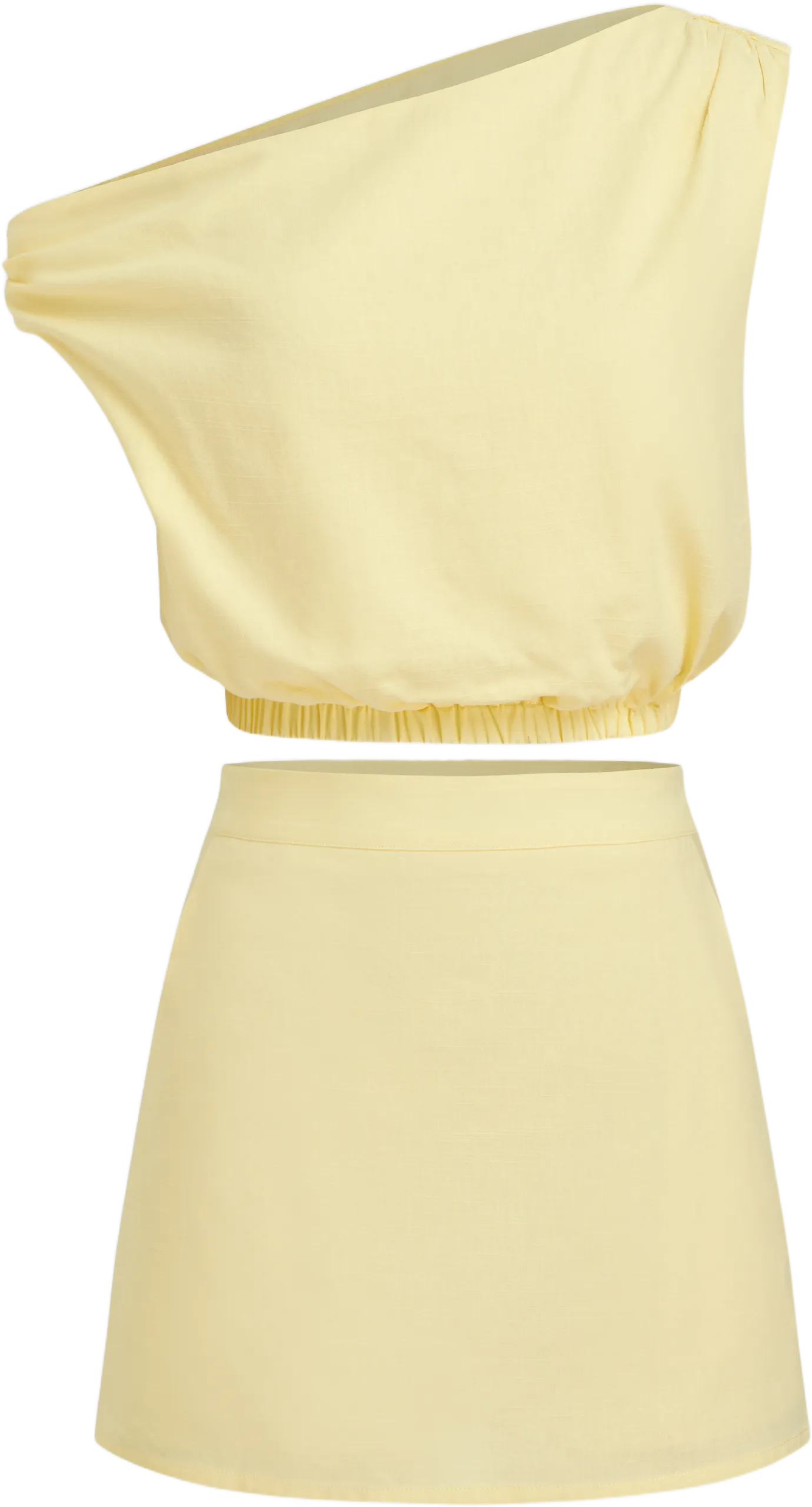 Linen-blend Asymmetrical Neck Elastic Waist Crop Top With Mini Skirt