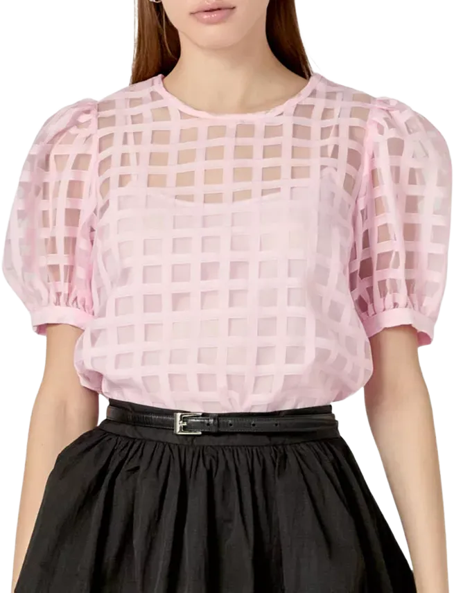 English Factory Women's Plaid Sheer Puff Sleeve Top