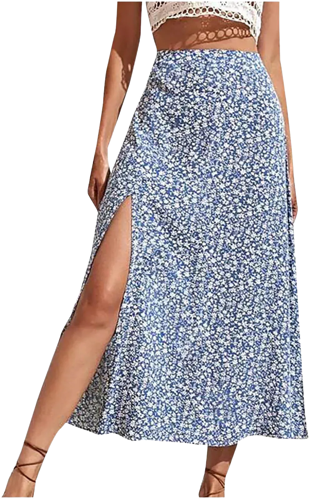 BLVB Women's Boho Floral Print Side Split High Waist Midi Skirt Summer Beach A Line Swing Long Skirts for Women