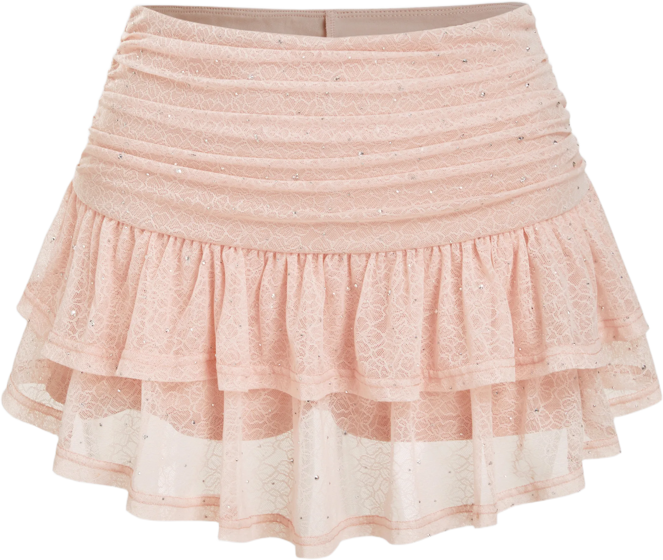 Lace Mid Rise Rhinestone Ruched Layered Mini Skirt
