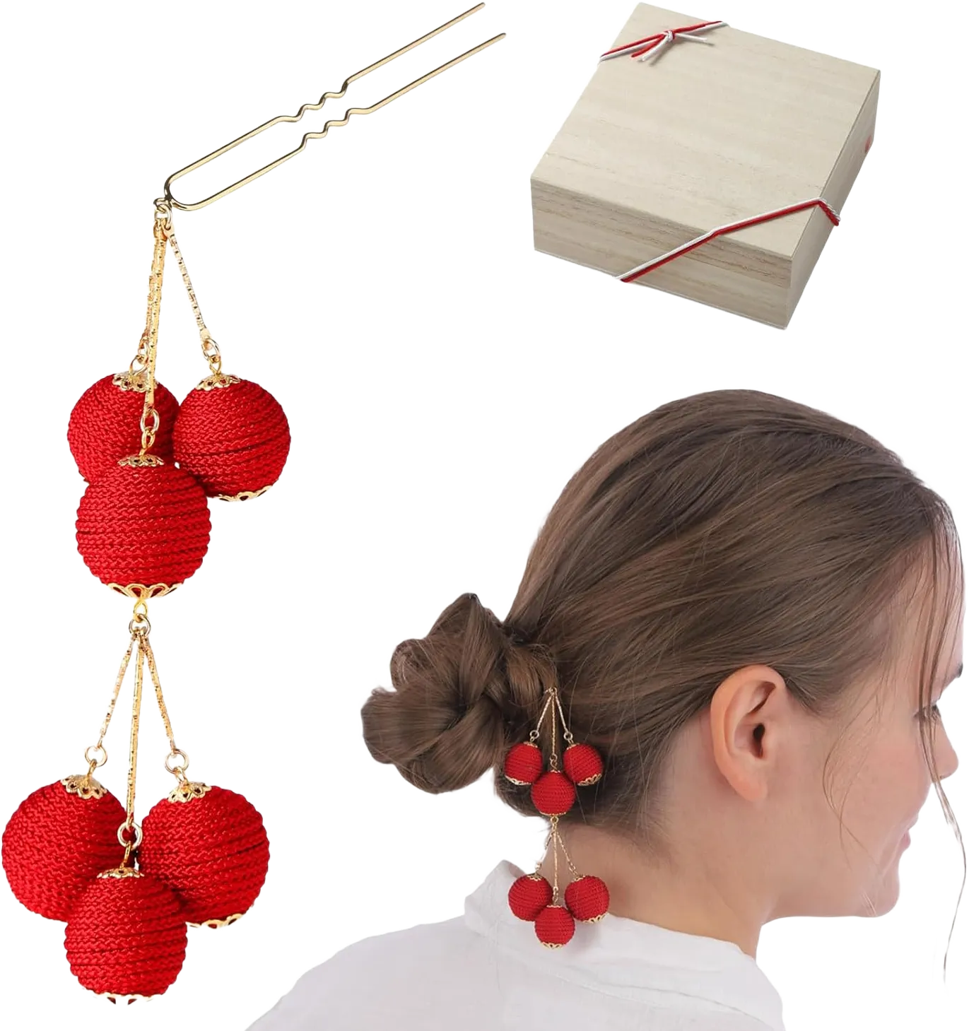 Traditional Japanese Hair Stick, Two - Tier Wrapped Ball Kanzashi, Hair Pin Accessories for women, Elegant Japanese Decor for Kimono Yukata (Red)
