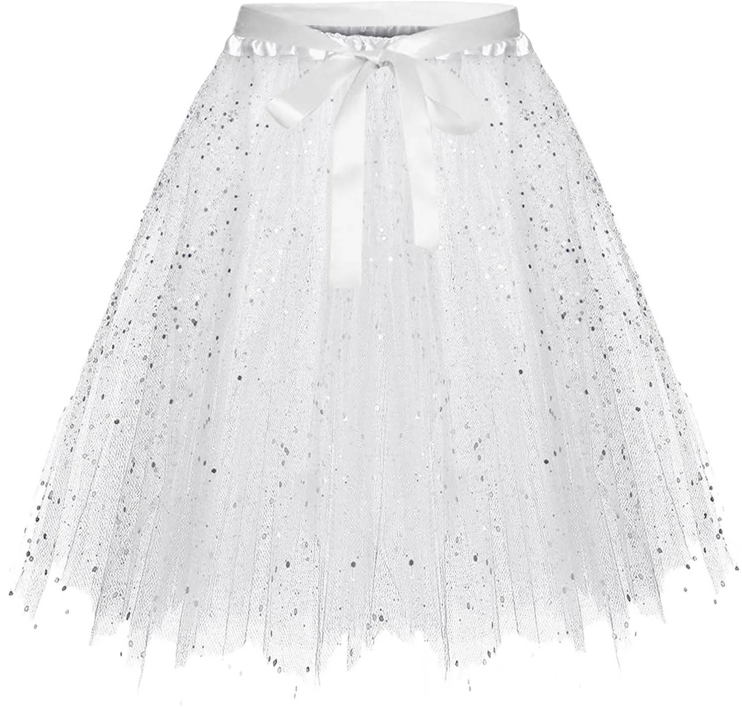 Womens Fashion Solid Lace Up Bow Puffy Skirt Tulle Bubble A Line Fairy Skirts Carnival Party Sequin Performance Skirt White#7 Large