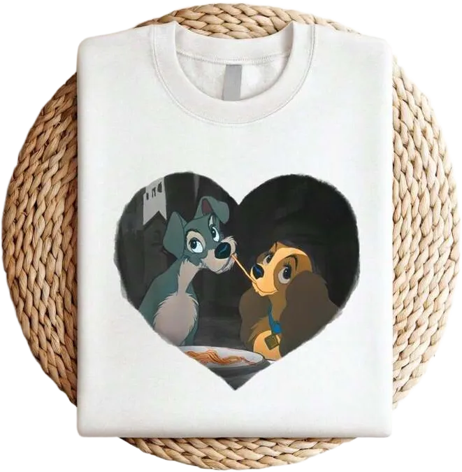 Disney 180g Pure Cotton Disney First Kiss Lady The Tramp T-Shirt Hoodie   Tote Bag Tshirt S-M-L-XL-XXL-3XL-4XL-5XL  Oversized Men Women Unisex A109 Female Comfortable Stylish Fashion Designer Clothes Women Soft Versatile Slightly Stretched Streetwear Breathable