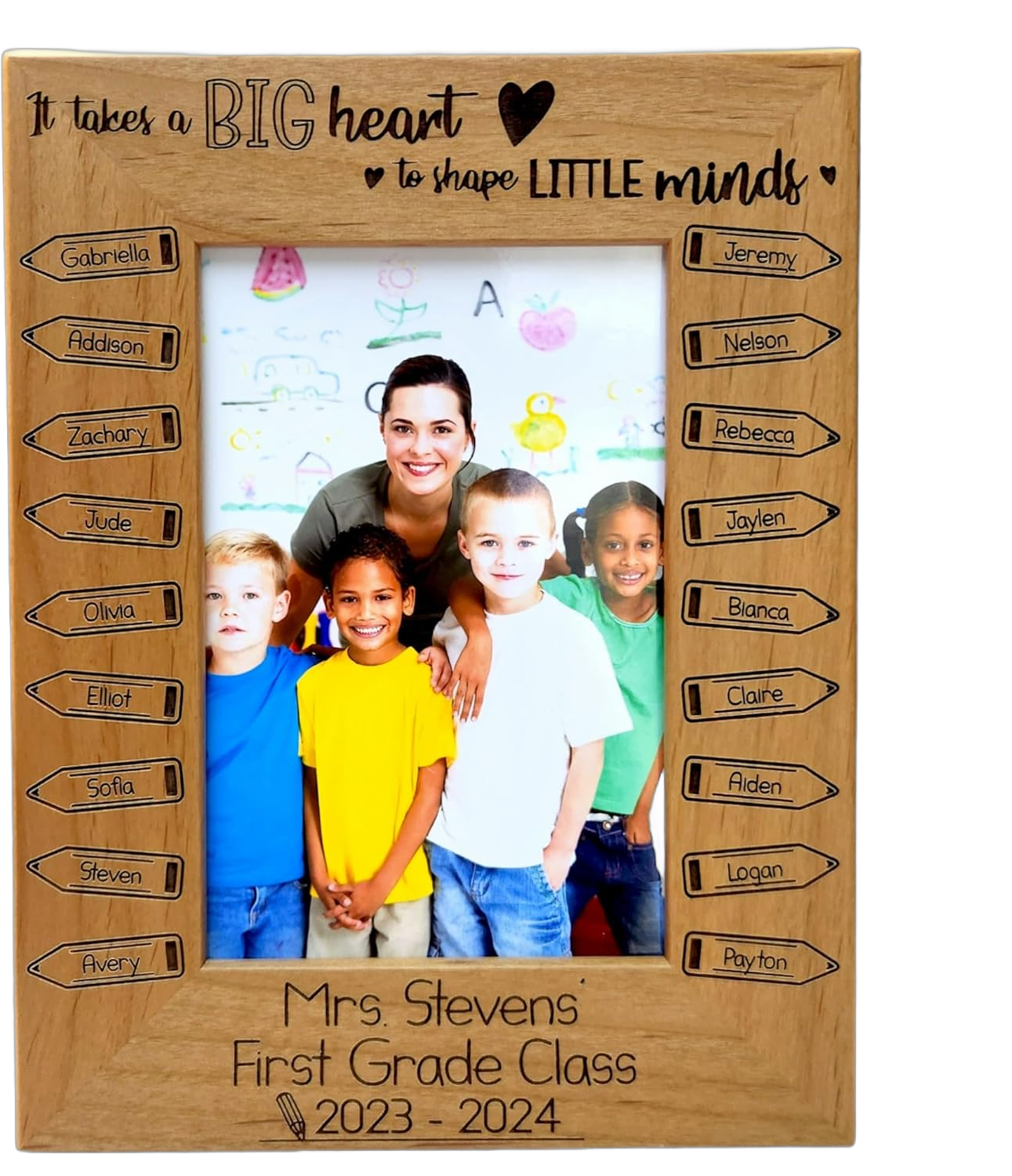 It takes a Big heart to shape little minds-Picture Frame-Teacher Appreciation Gift Personalized with Student Names (4x6 Portrait/Vertical)
